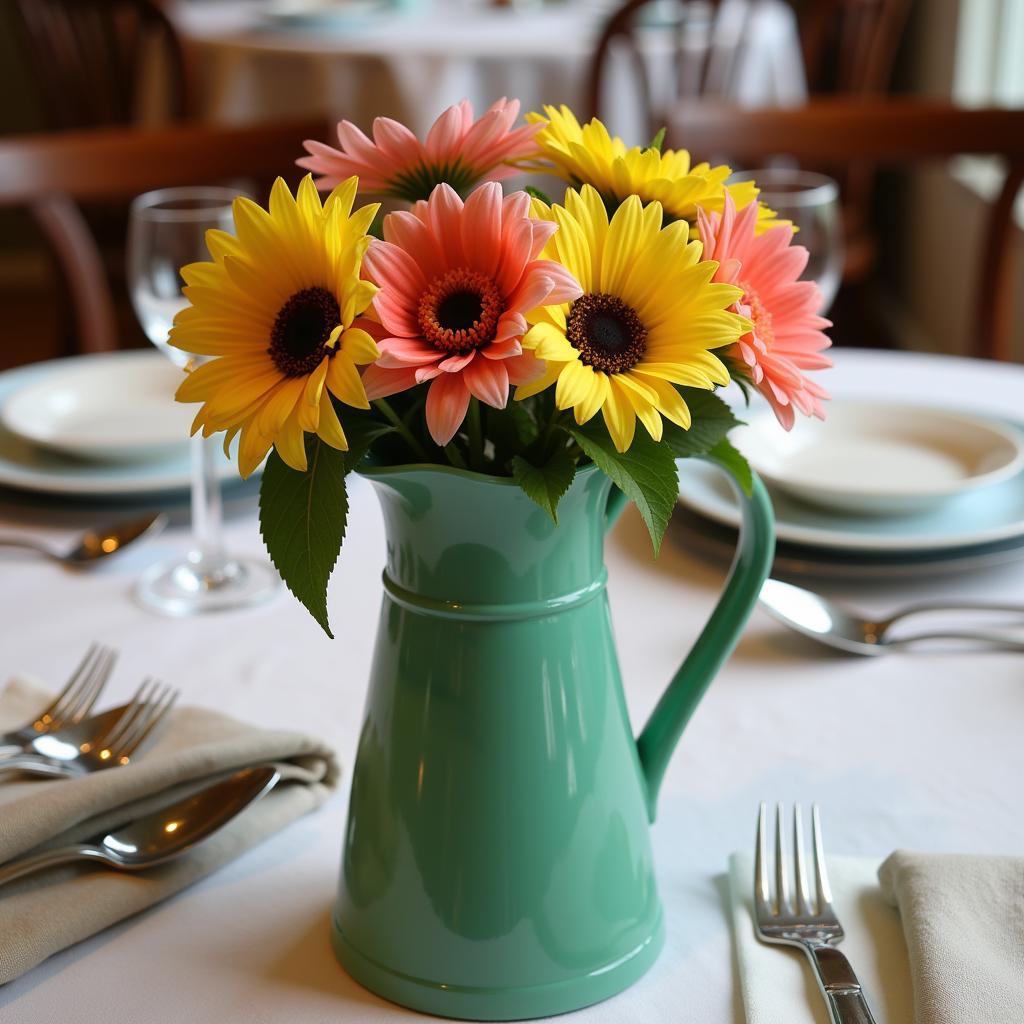 Vintage green pitcher with a floral arrangement.