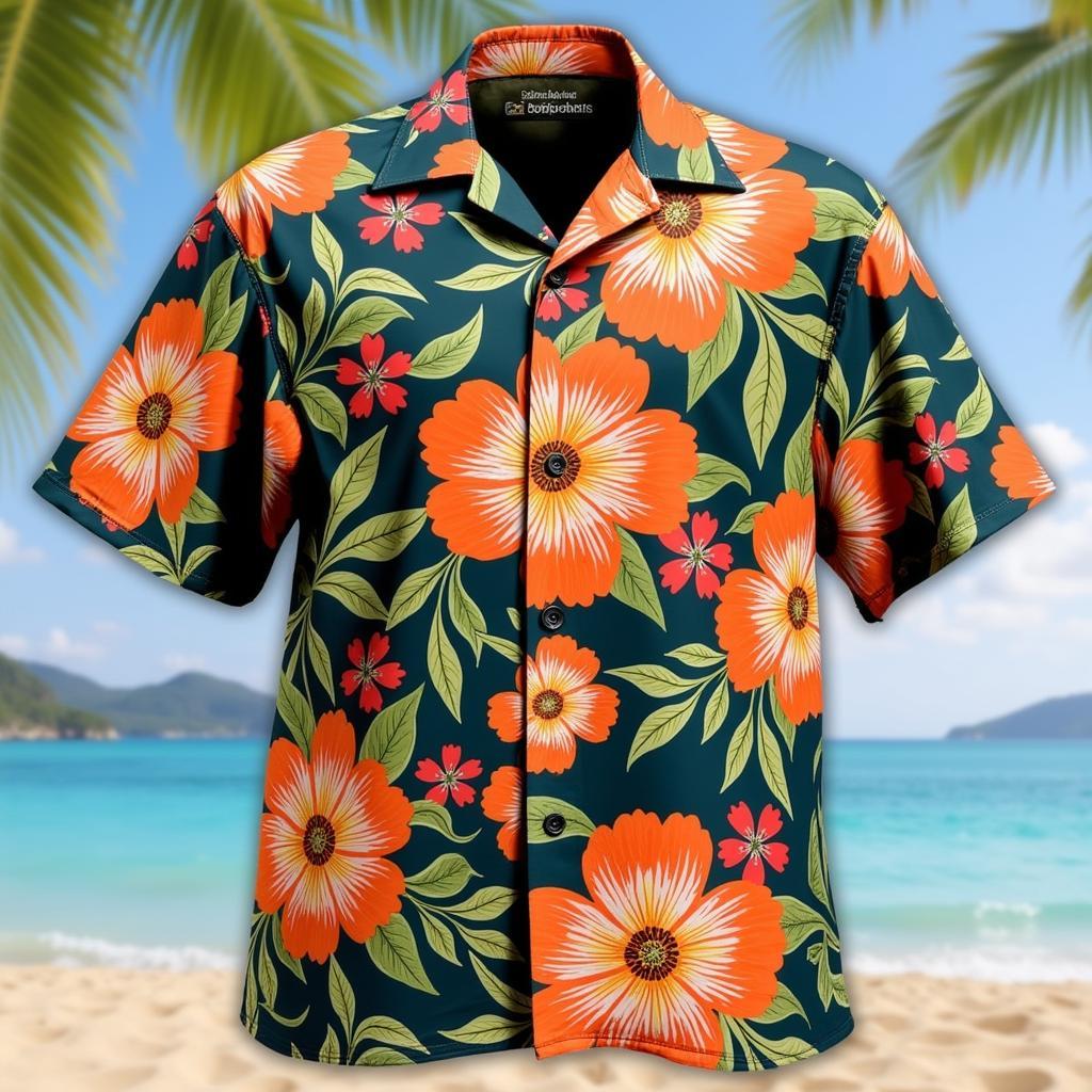 A close-up of a vintage Hawaiian shirt with a vibrant floral print