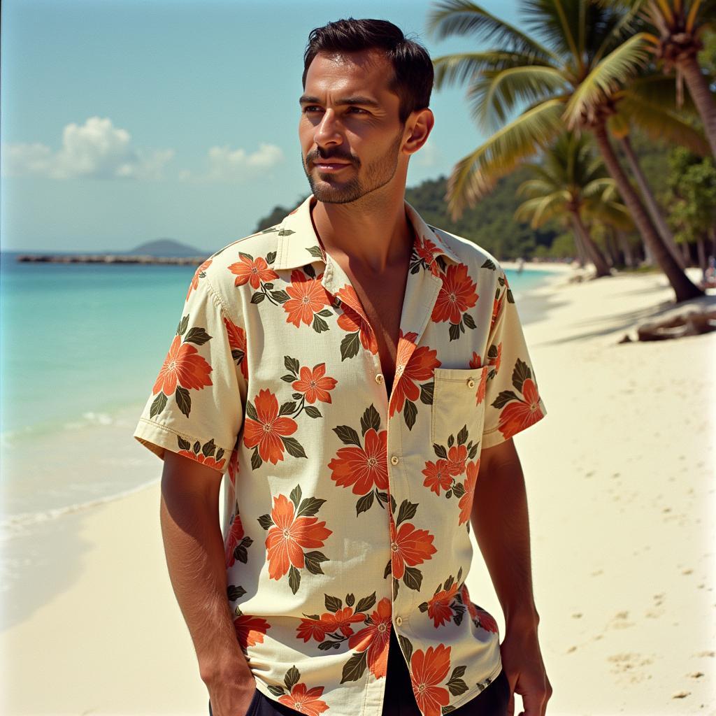 Man wearing a vintage Hawaiian shirt on a beach