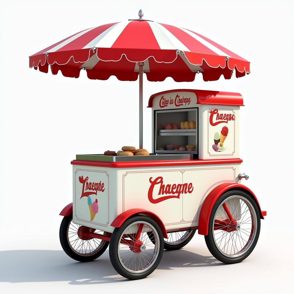 Vintage Ice Cream Cart with Red and White Striped Umbrella