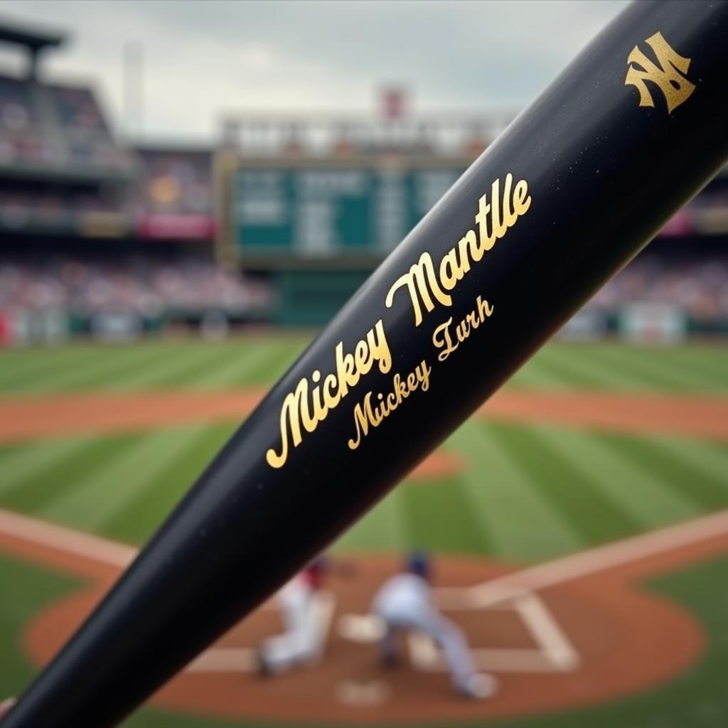 A vintage Mickey Mantle Louisville Slugger bat displayed against a backdrop of a baseball field