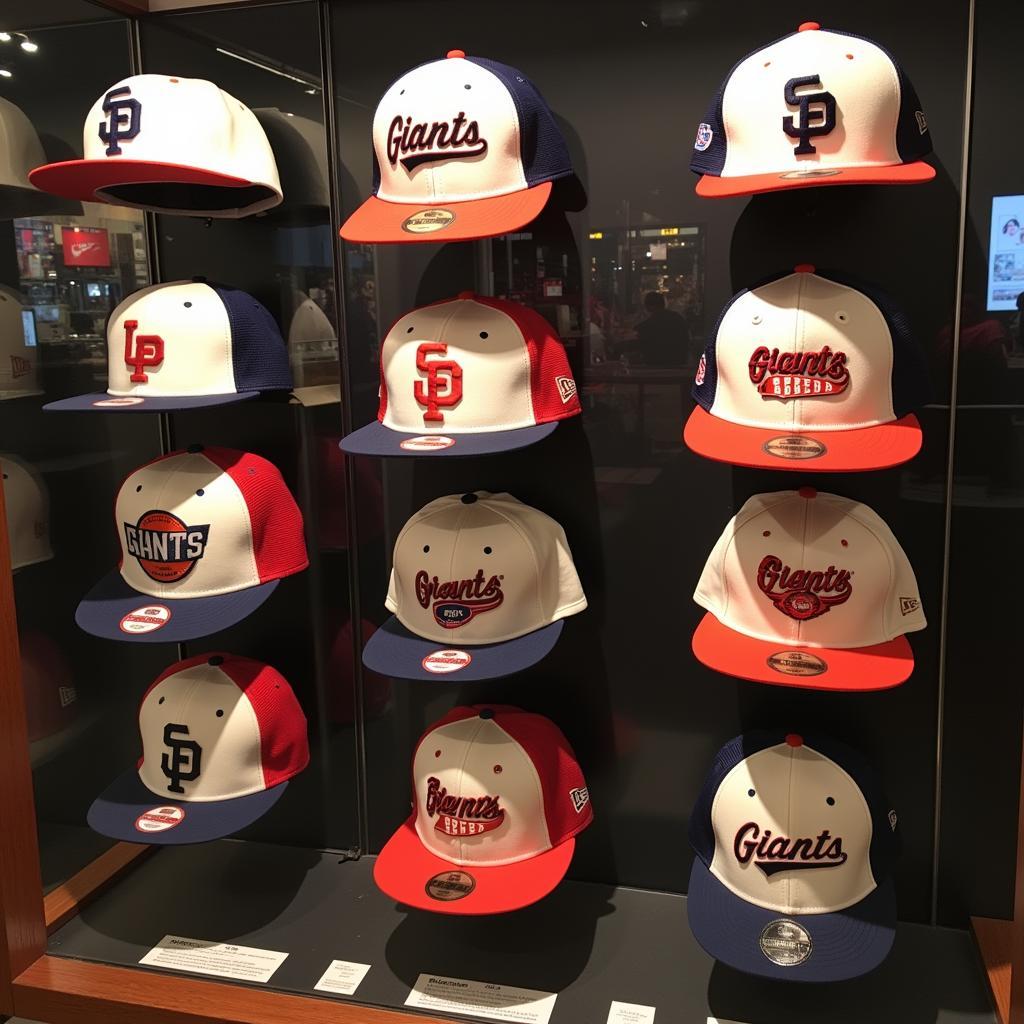 A collection of vintage New York Giants baseball hats from different eras