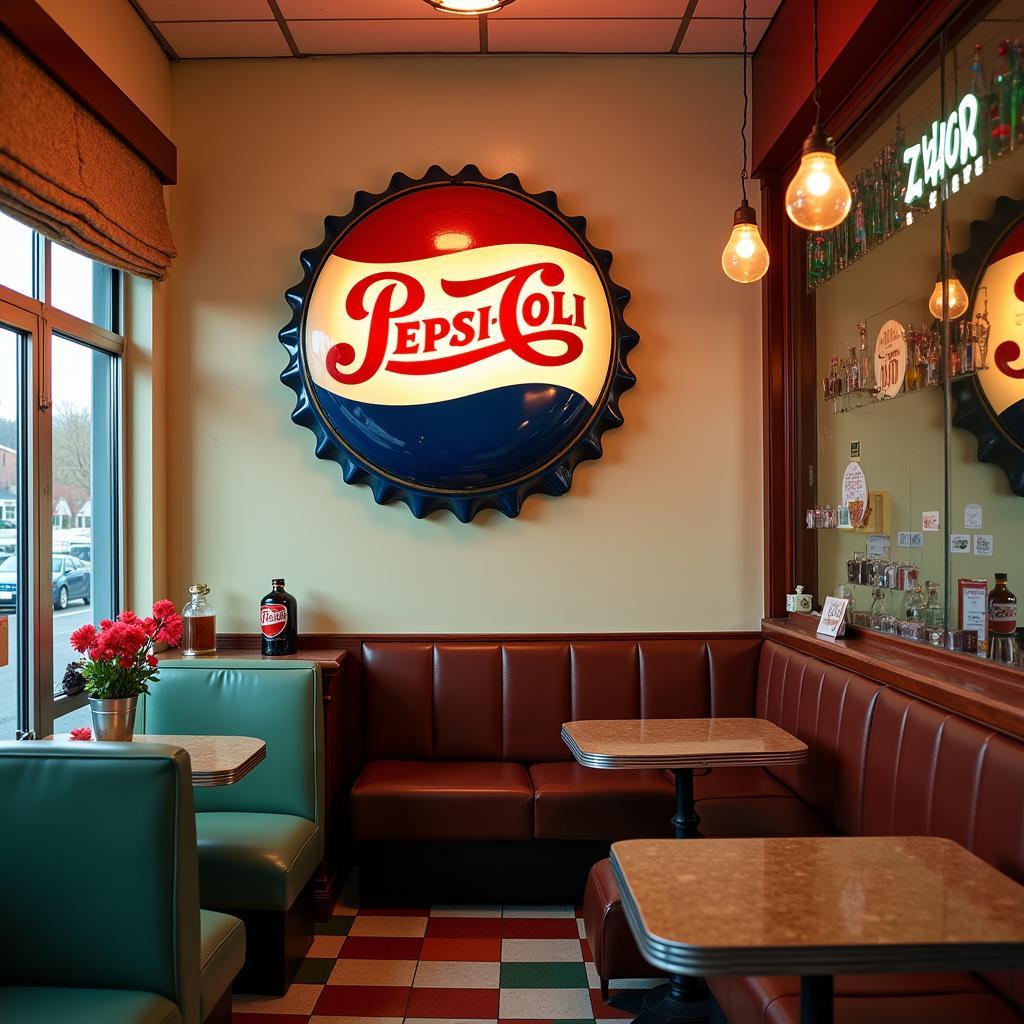 Vintage Pepsi Bottle Cap Sign in a 1950s Diner Setting