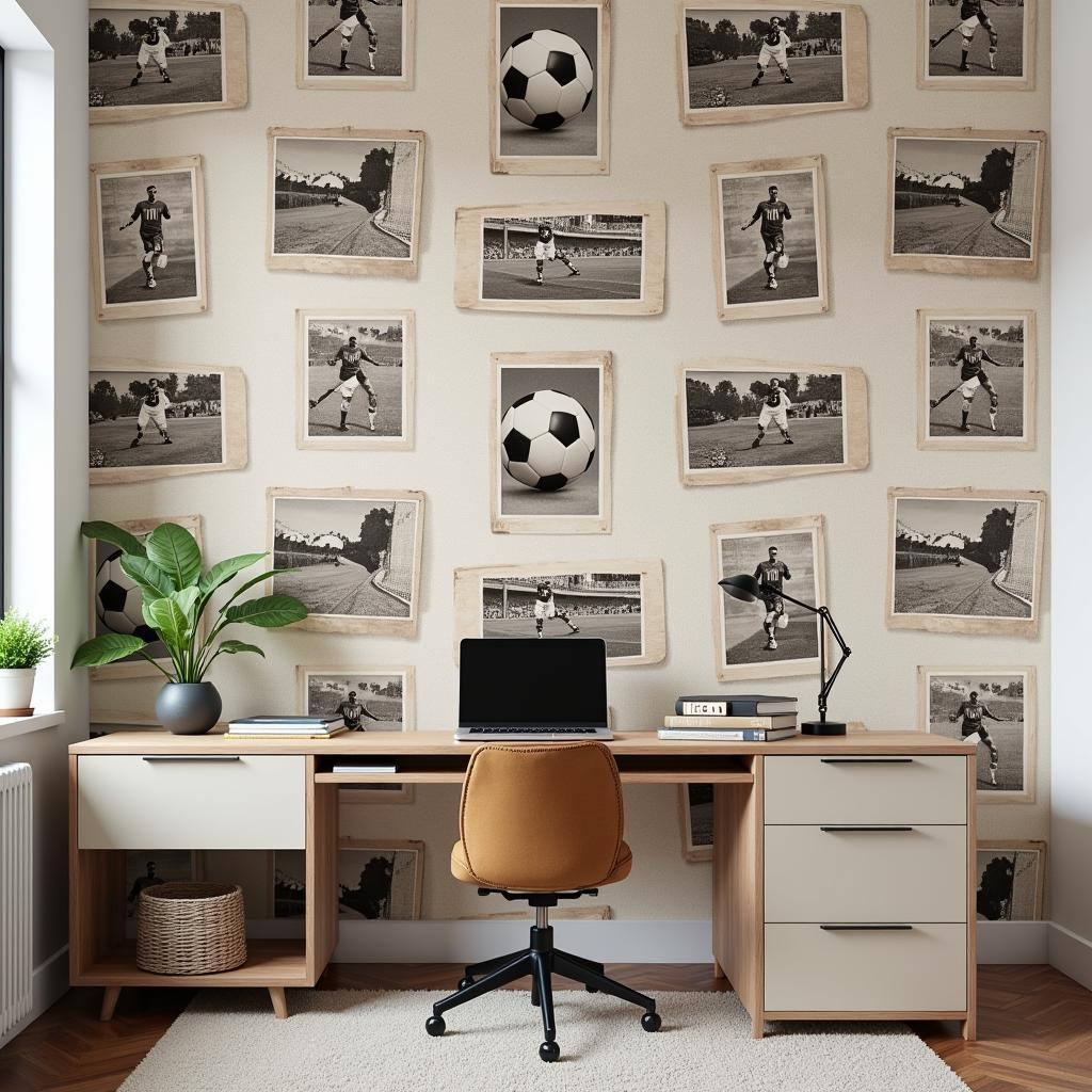 Vintage soccer wallpaper in a home office