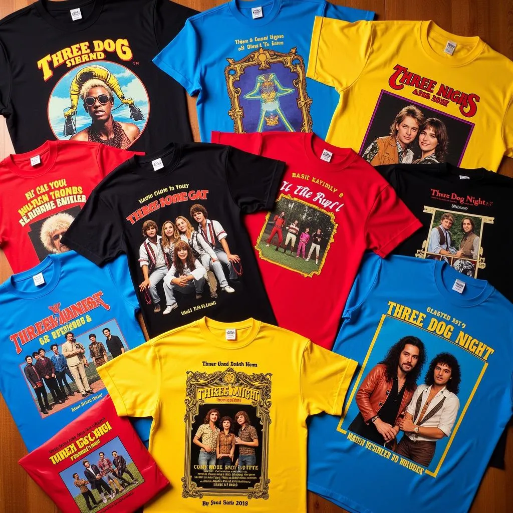 A collection of vintage Three Dog Night t-shirts