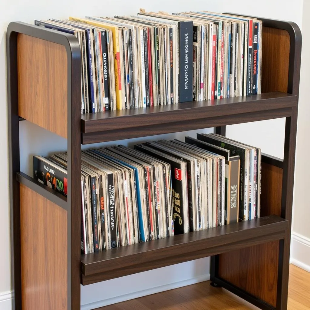 Vinyl pocket rail system showcasing organized record collection by genre