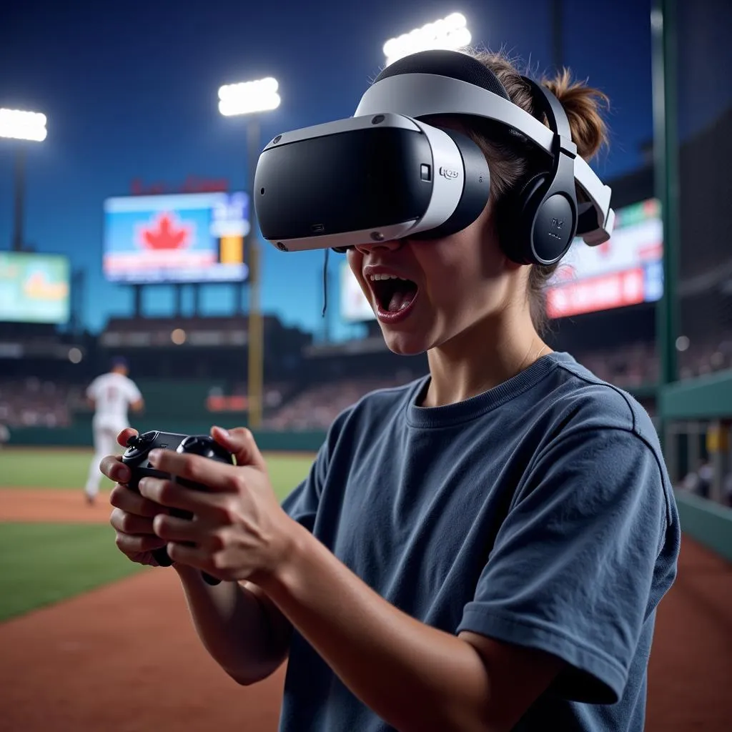 A person wearing a VR headset fully immersed in a virtual baseball game, holding a controller as if swinging a bat.