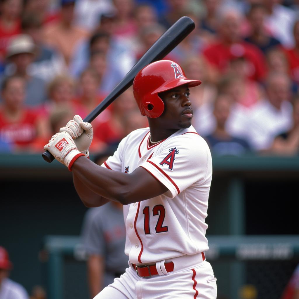 Vladimir Guerrero taking a powerful swing in his Angels jersey