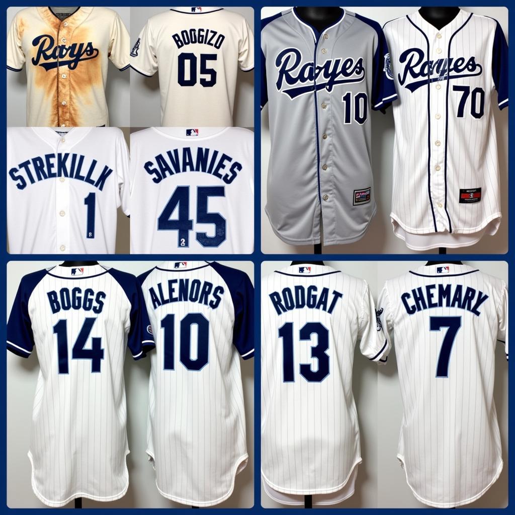 A collection of Wade Boggs Tampa Bay Rays jerseys, including game-worn, authentic, and replica versions