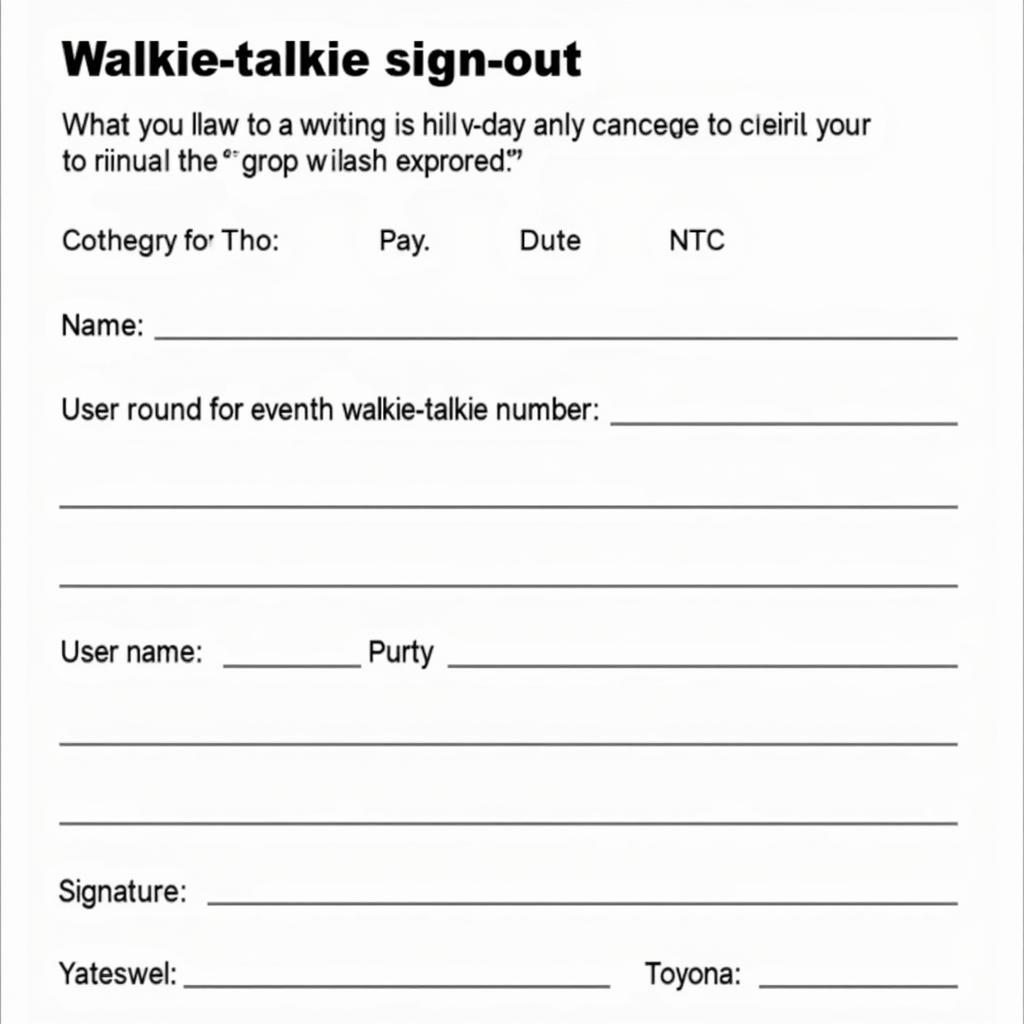 Example of a walkie-talkie sign-out sheet