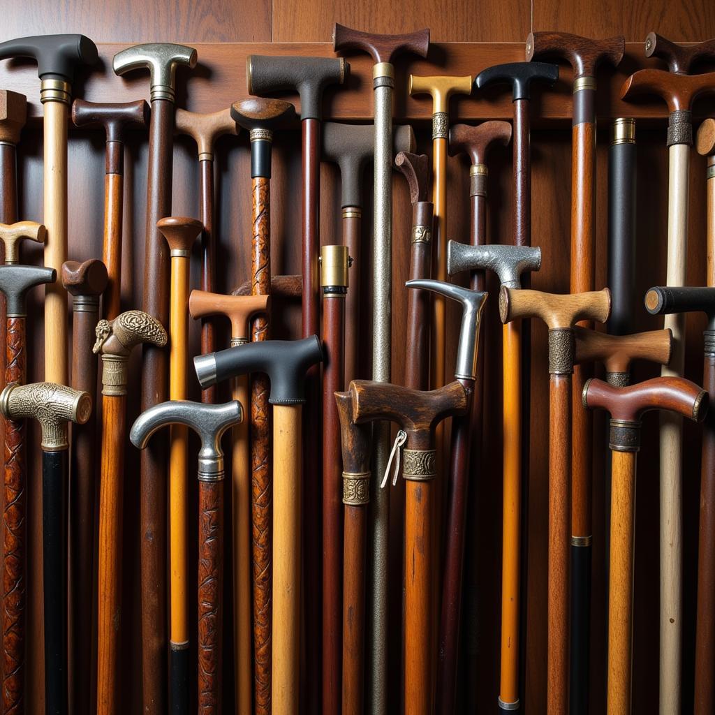 A collection of hand made walking canes displayed on a wall rack