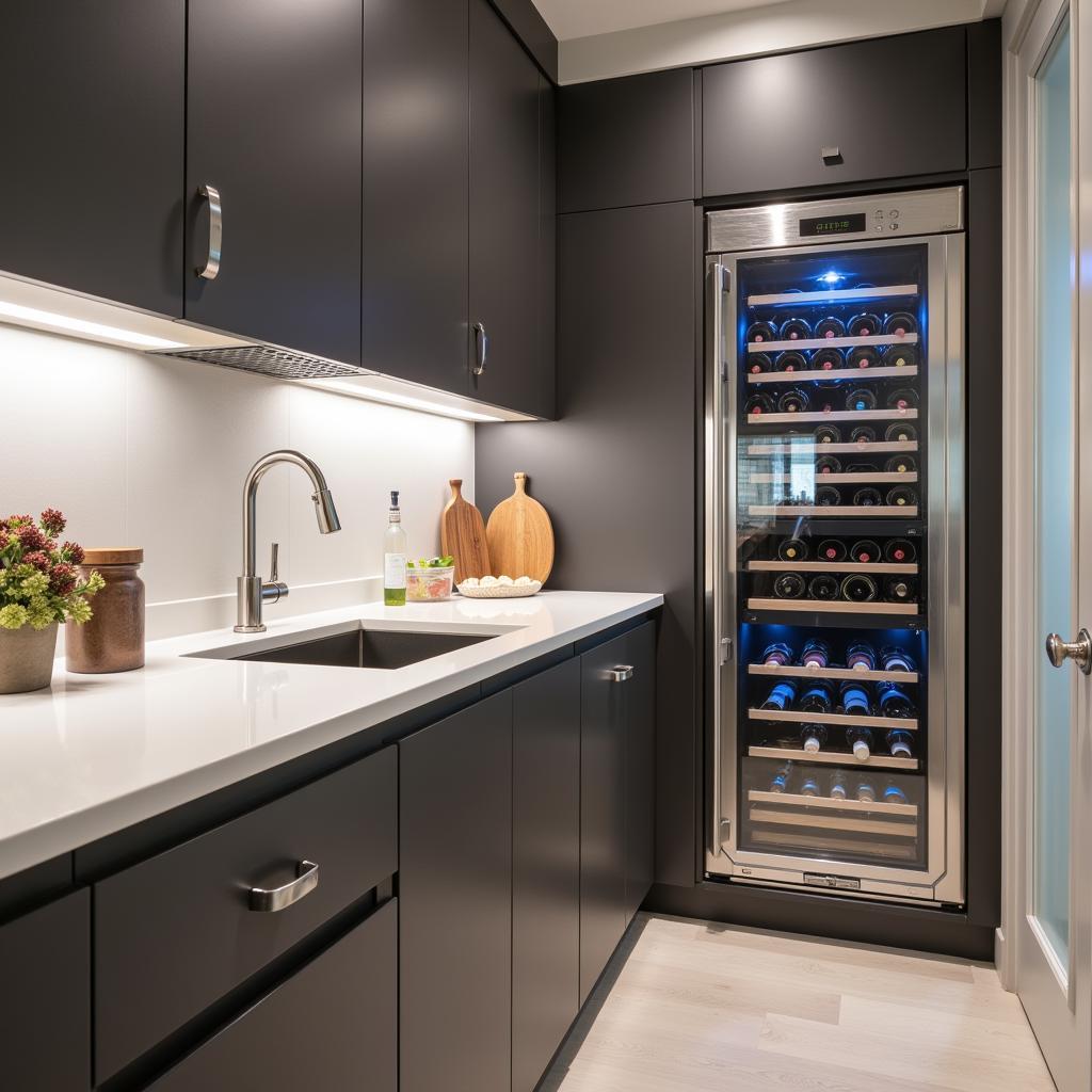 Modern Kitchen with Wall Hung Wine Cooler