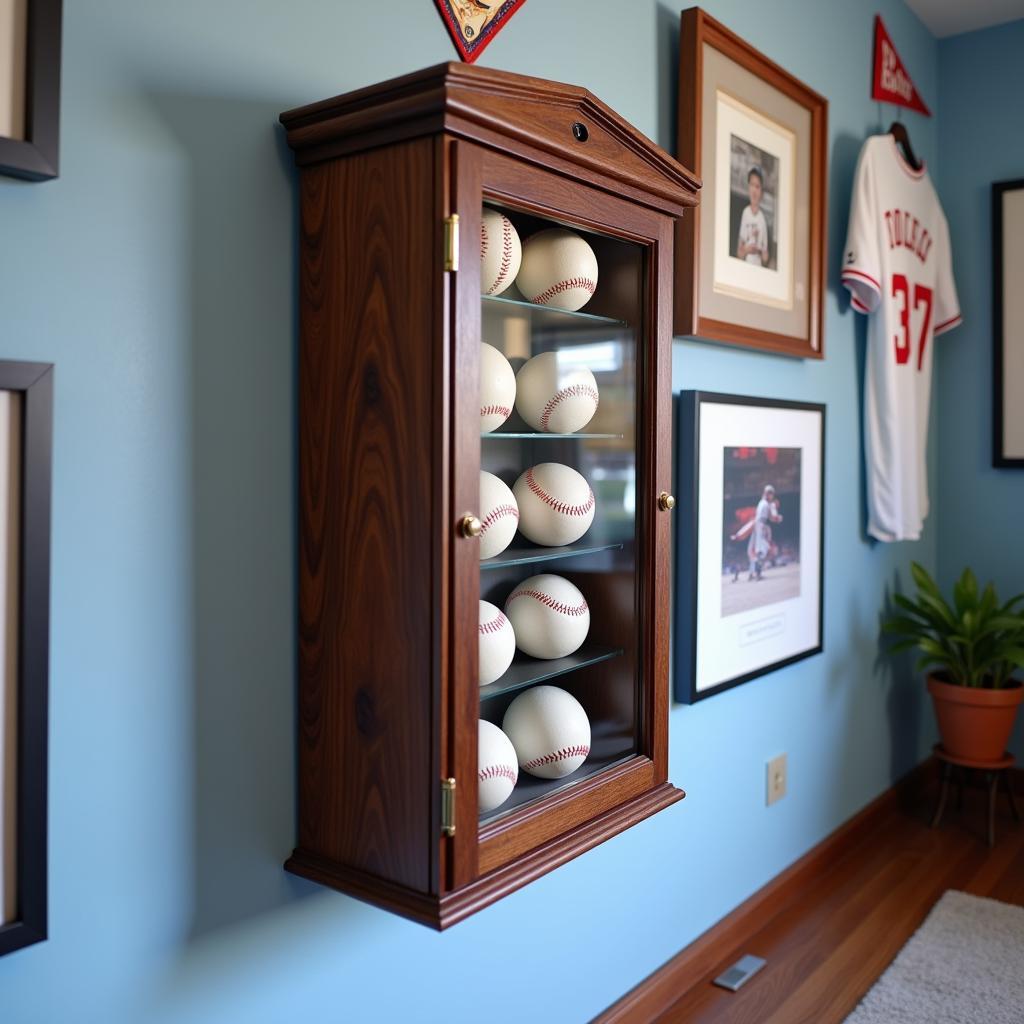 Wall-mounted baseball display case with a secure lock system