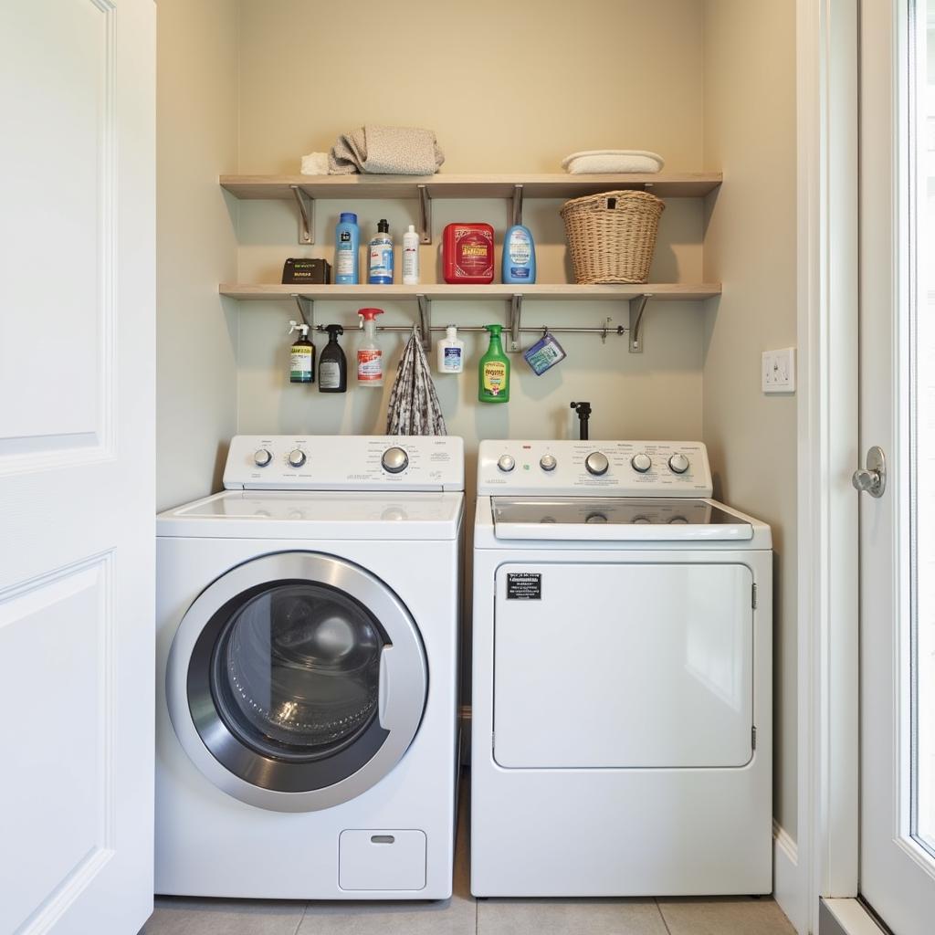 Space-saving wall-mounted spray bottle rack in a laundry room