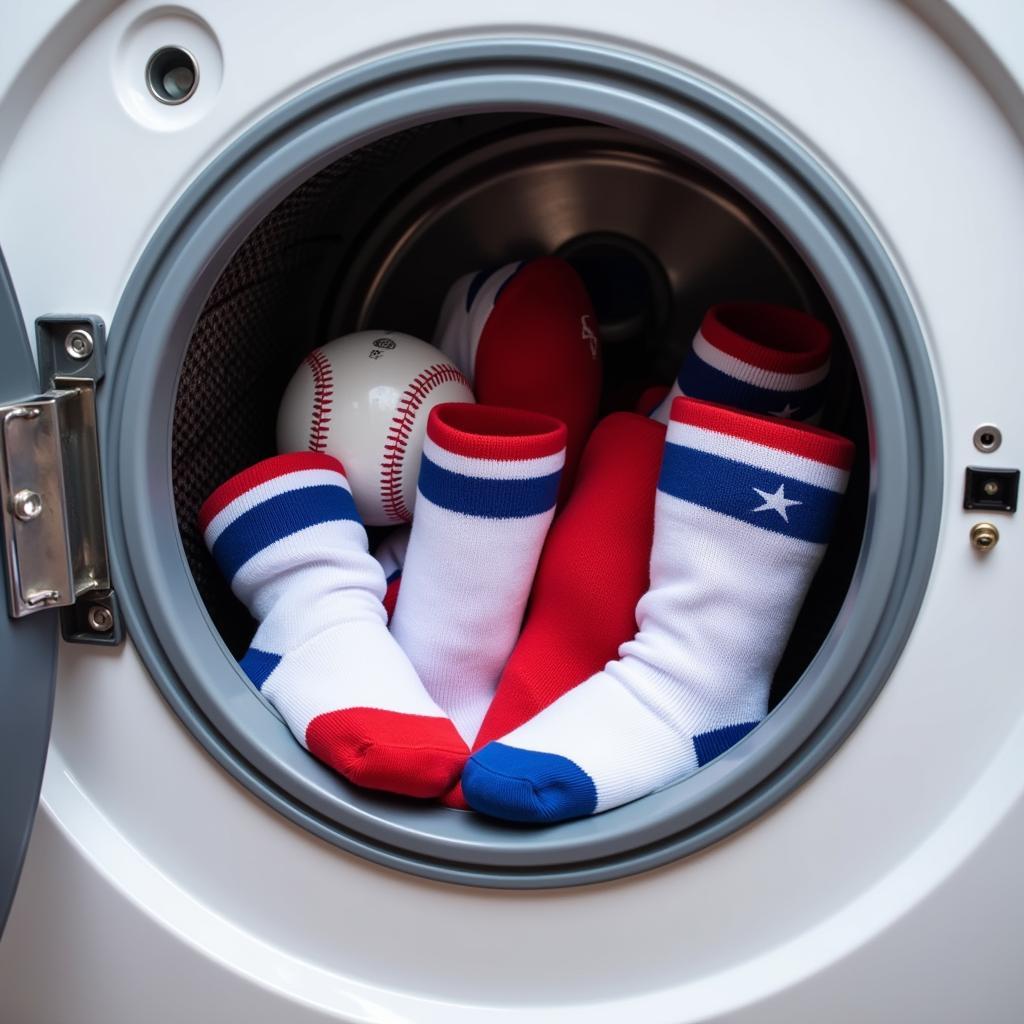 A washing machine with red, white, and blue softball socks inside