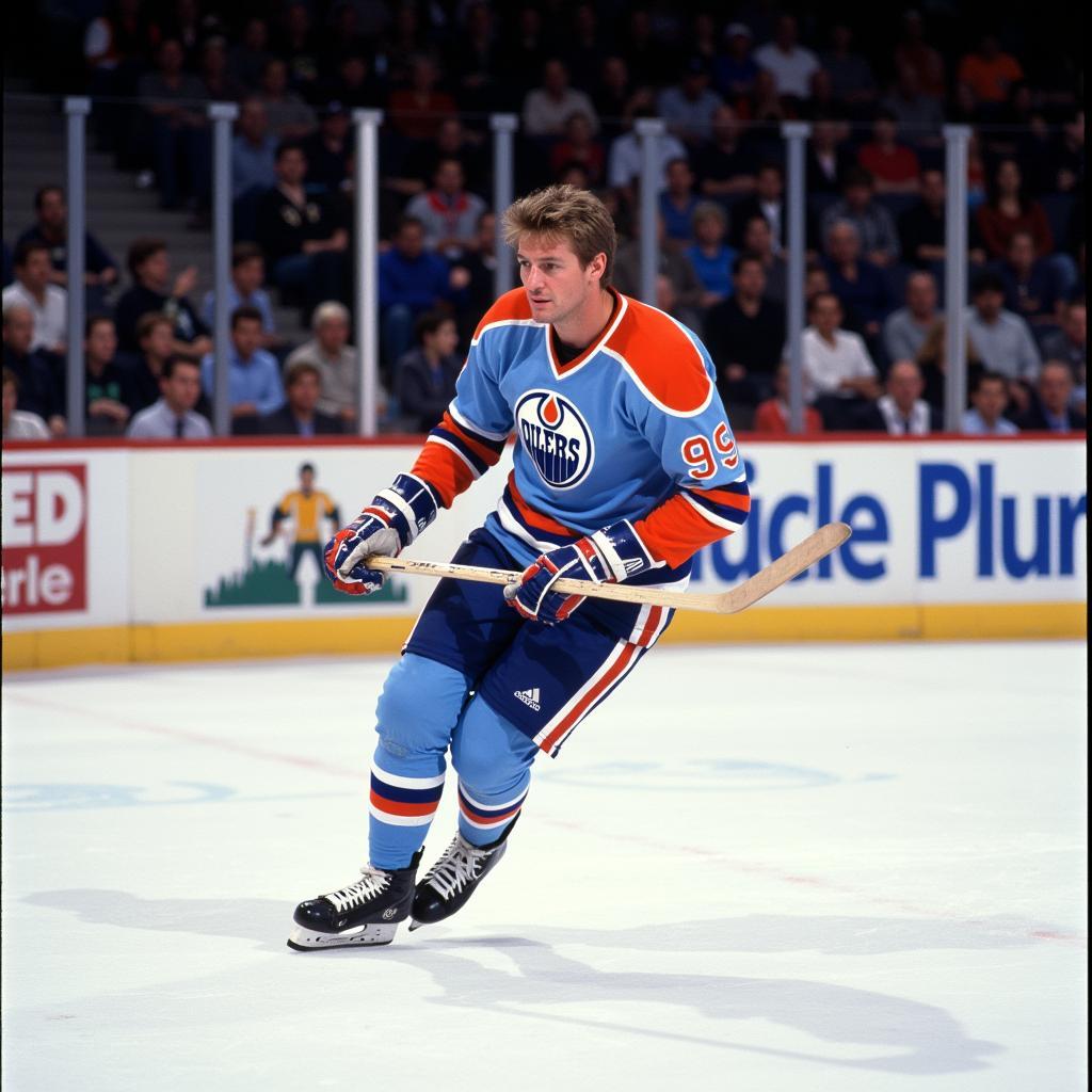 Wayne Gretzky in his light blue Edmonton Oilers jersey during a game