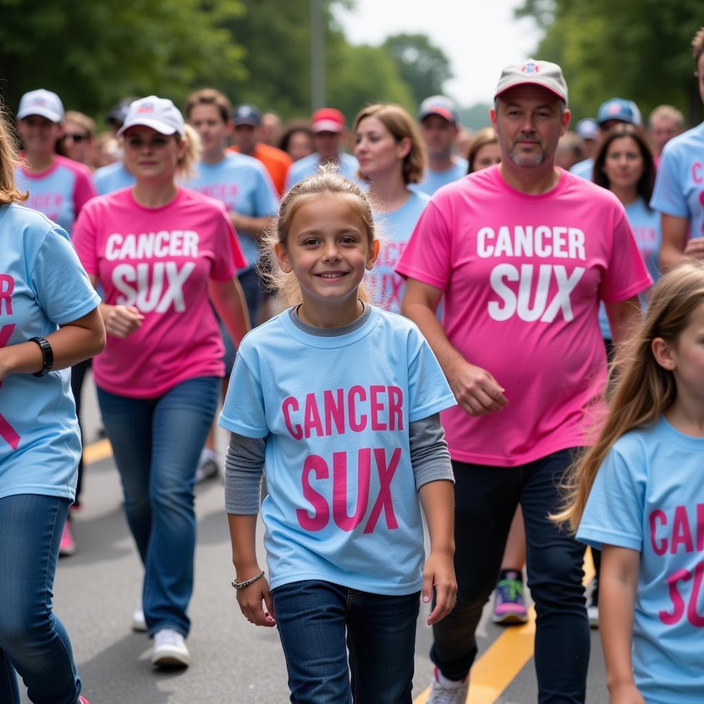 People wearing cancer sux t-shirts participating in a fundraising walkathon.