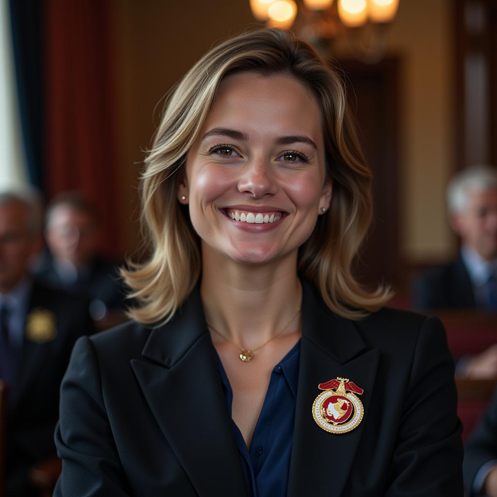 A Person Wearing a Marine Lapel Pin with Pride