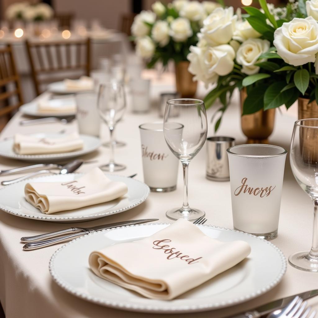 A beautifully set wedding reception table with personalized stadium cups as part of the decor.