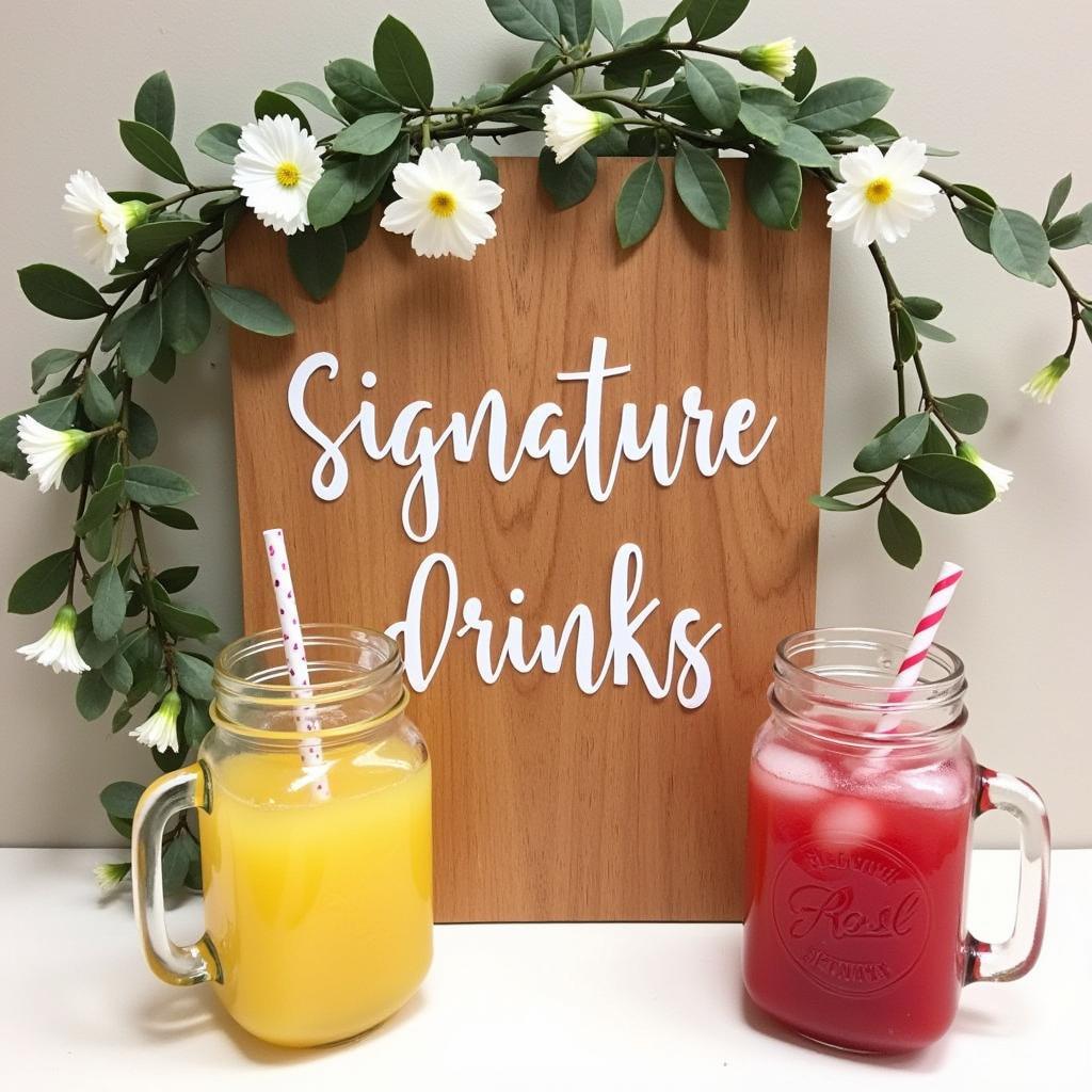 Rustic wedding signature drinks sign with calligraphy font and floral illustrations.