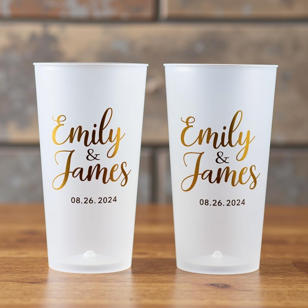 Wedding stadium cups personalized with the couple's names and wedding date.