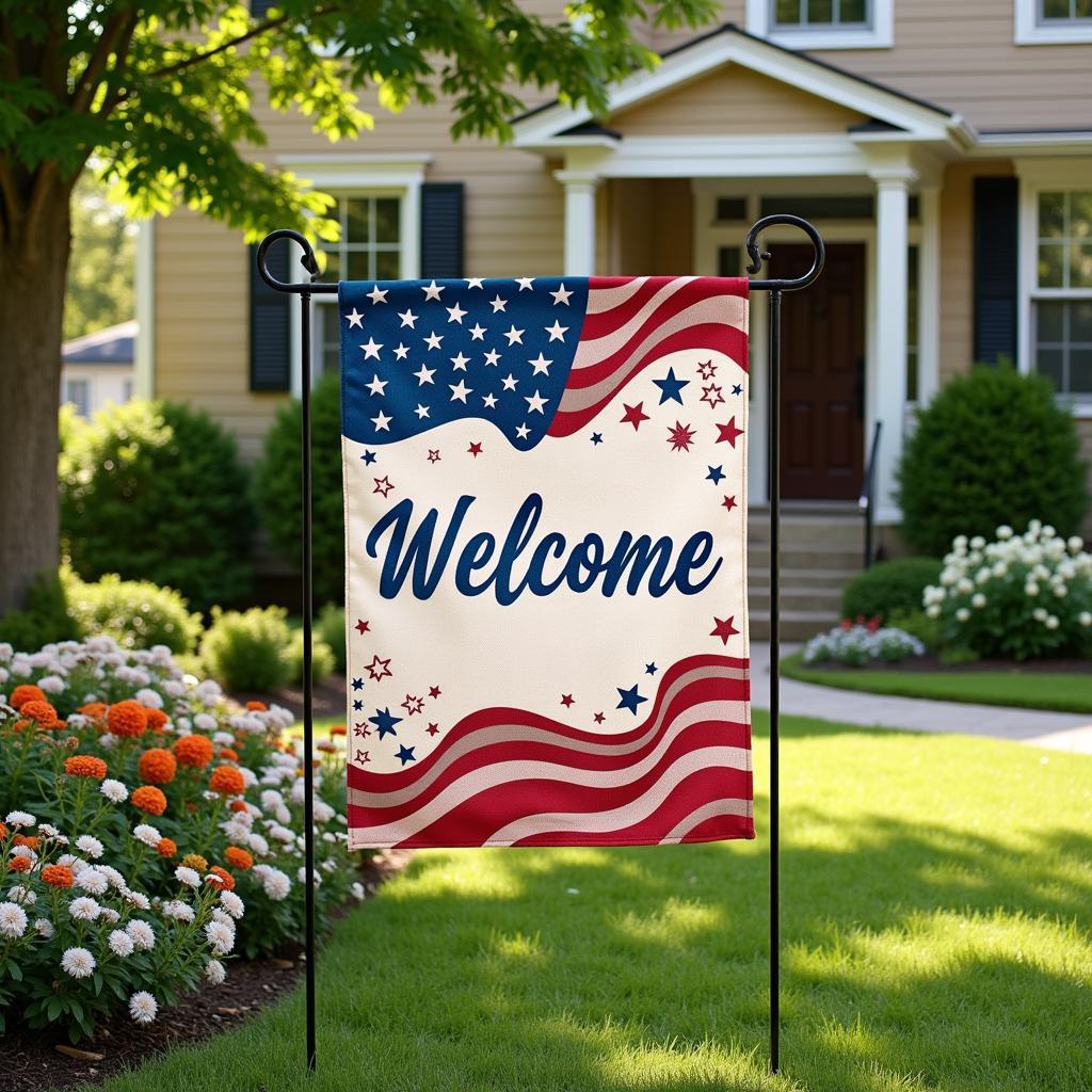 A welcome yard flag displayed prominently in a well-maintained garden