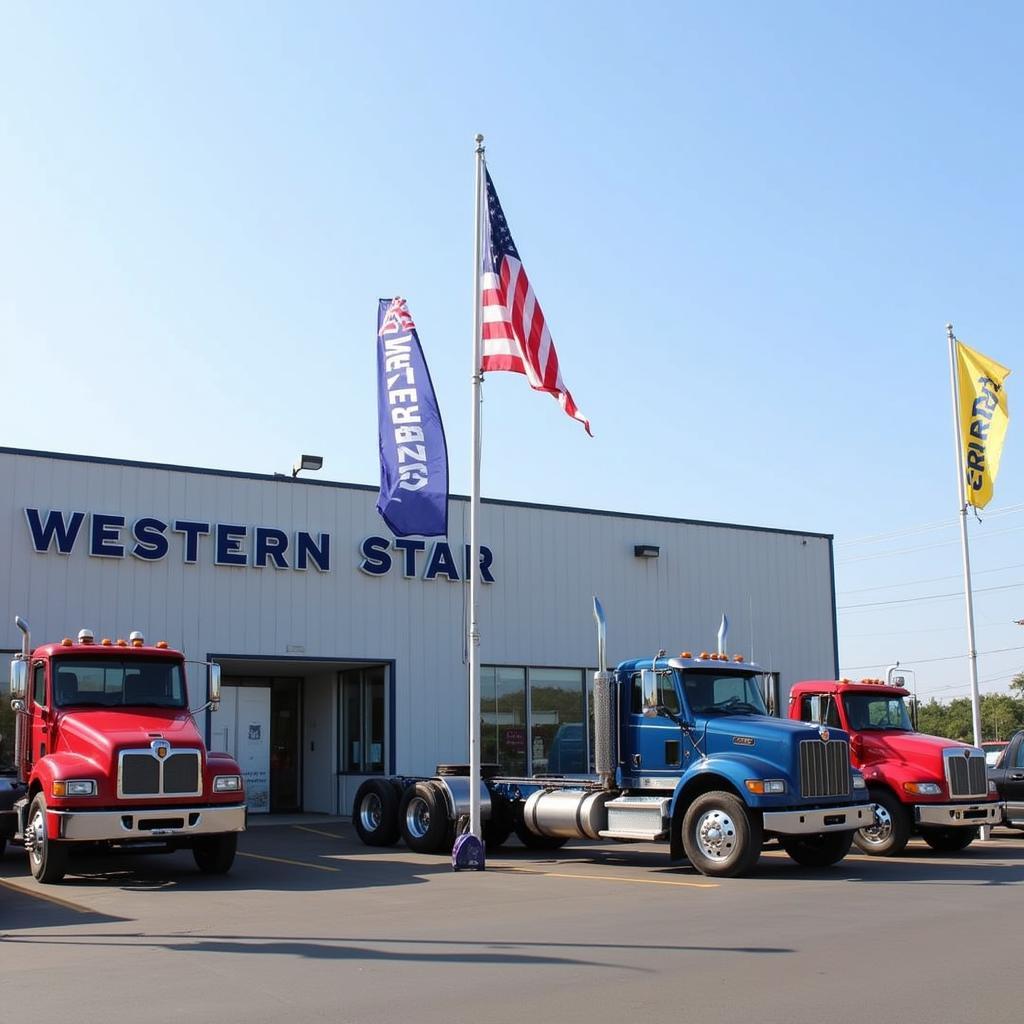 A Western Star dealership showcasing a lineup of new trucks