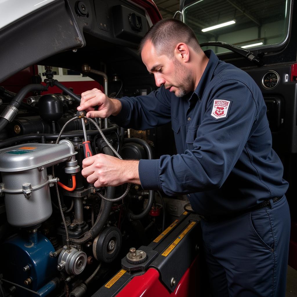 A mechanic inspecting the engine of a Western Star 4700 truck