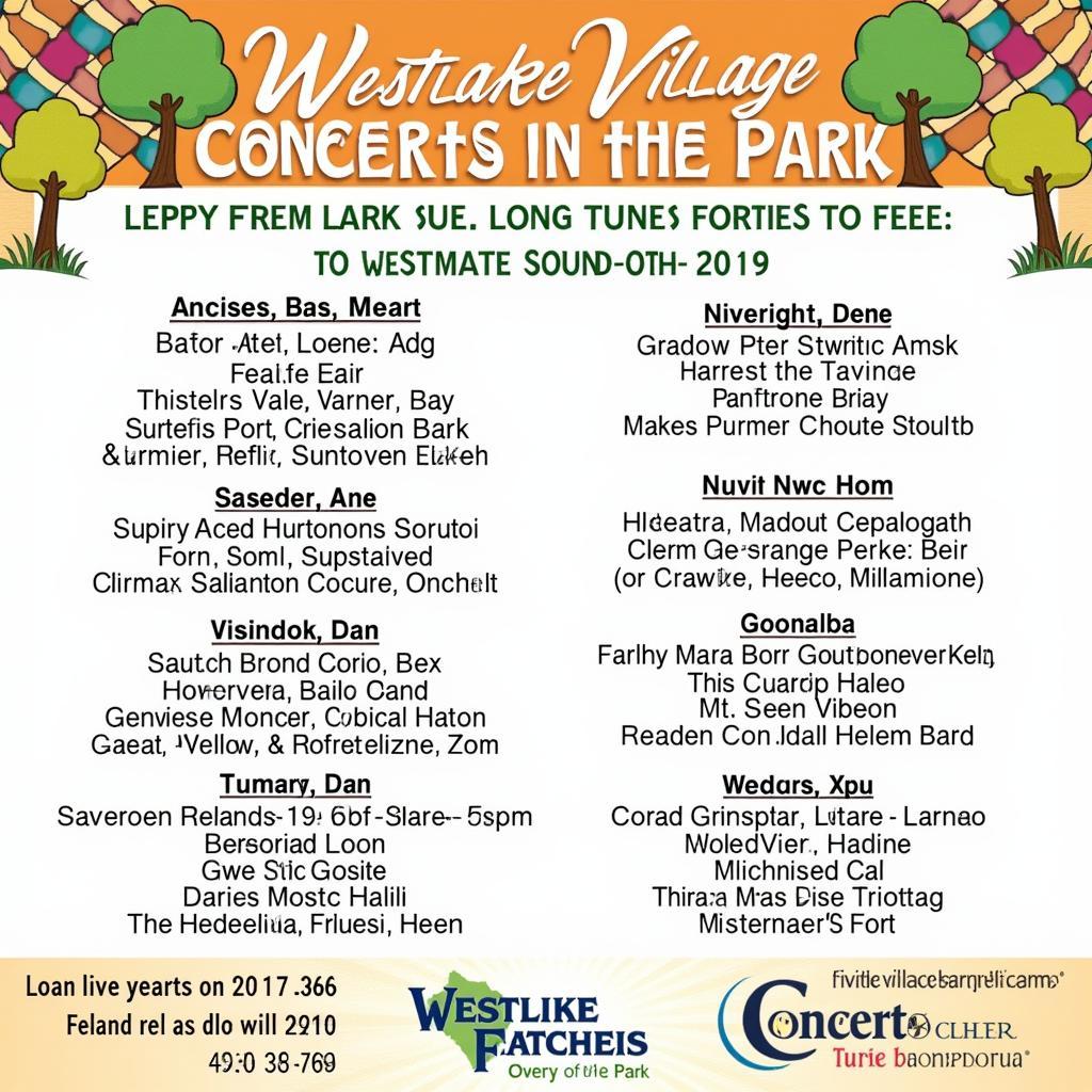 A poster showcasing the lineup for Westlake Village Concerts in the Park