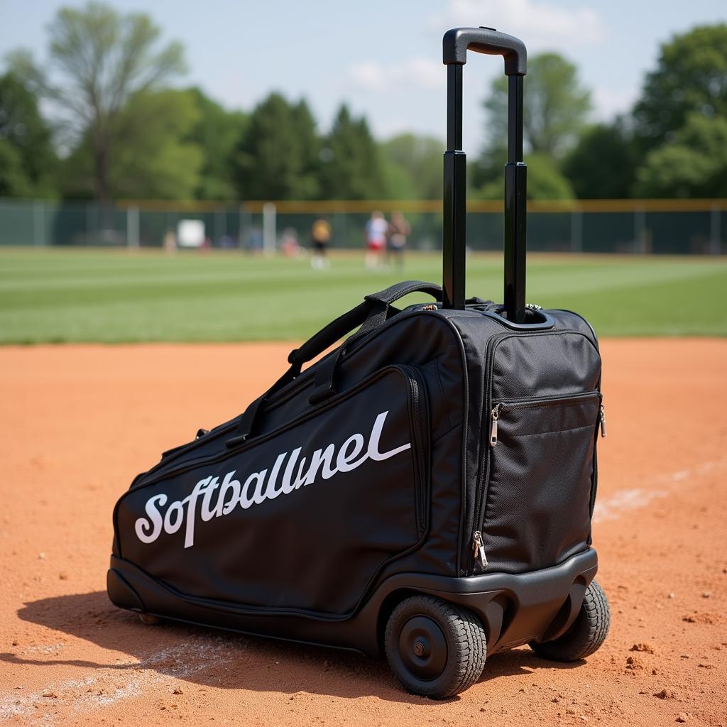 A wheeled softball bag standing on the field.