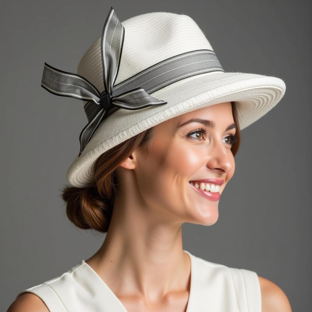 Woman in Elegant Dress Wearing a White Derby Hat