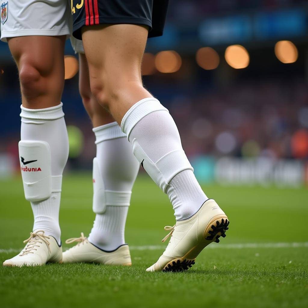 White long football socks being worn by a football player during a match.