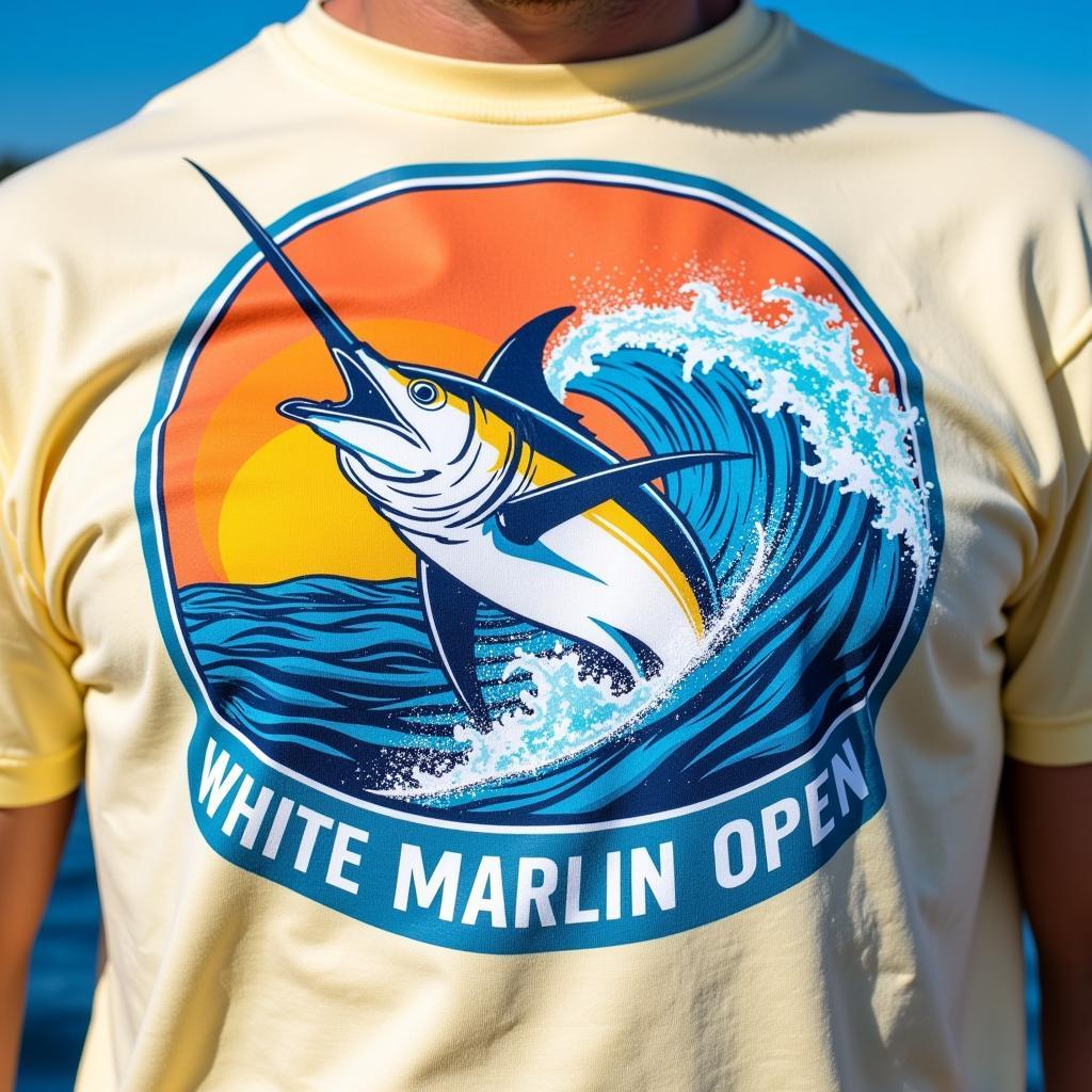 White Marlin Open 2023 T-shirt design featuring tournament logo and marlin illustration