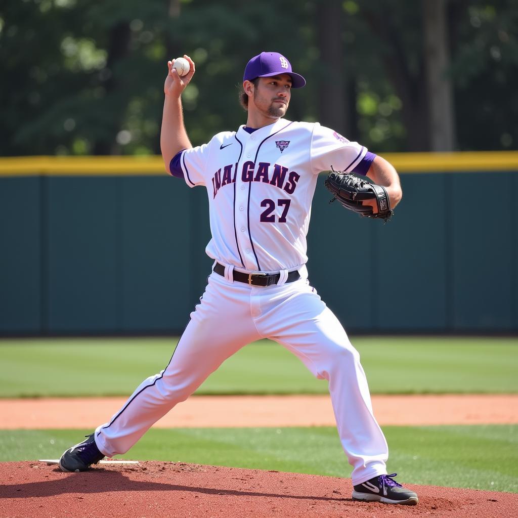 White and Purple Baseball Jersey: Action Shot