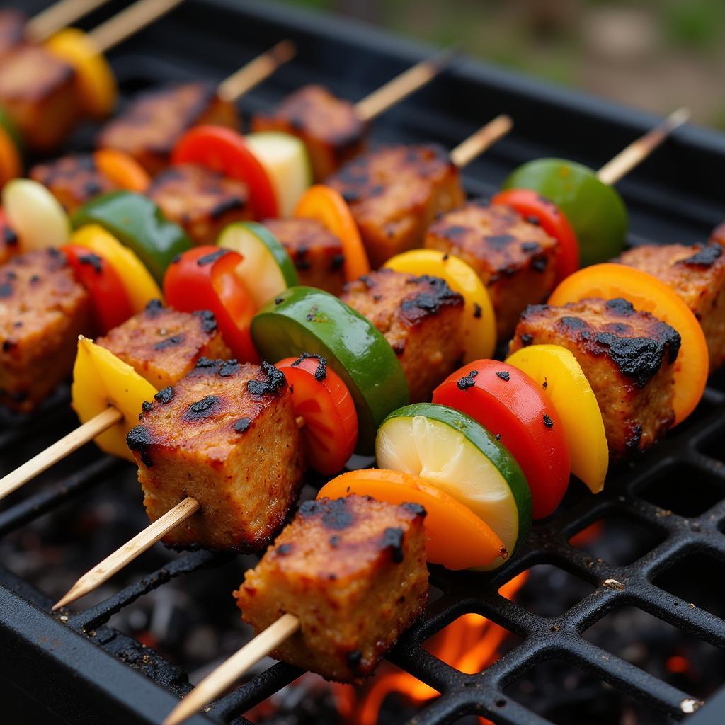 Grilling vegetables and meat on wide BBQ skewers