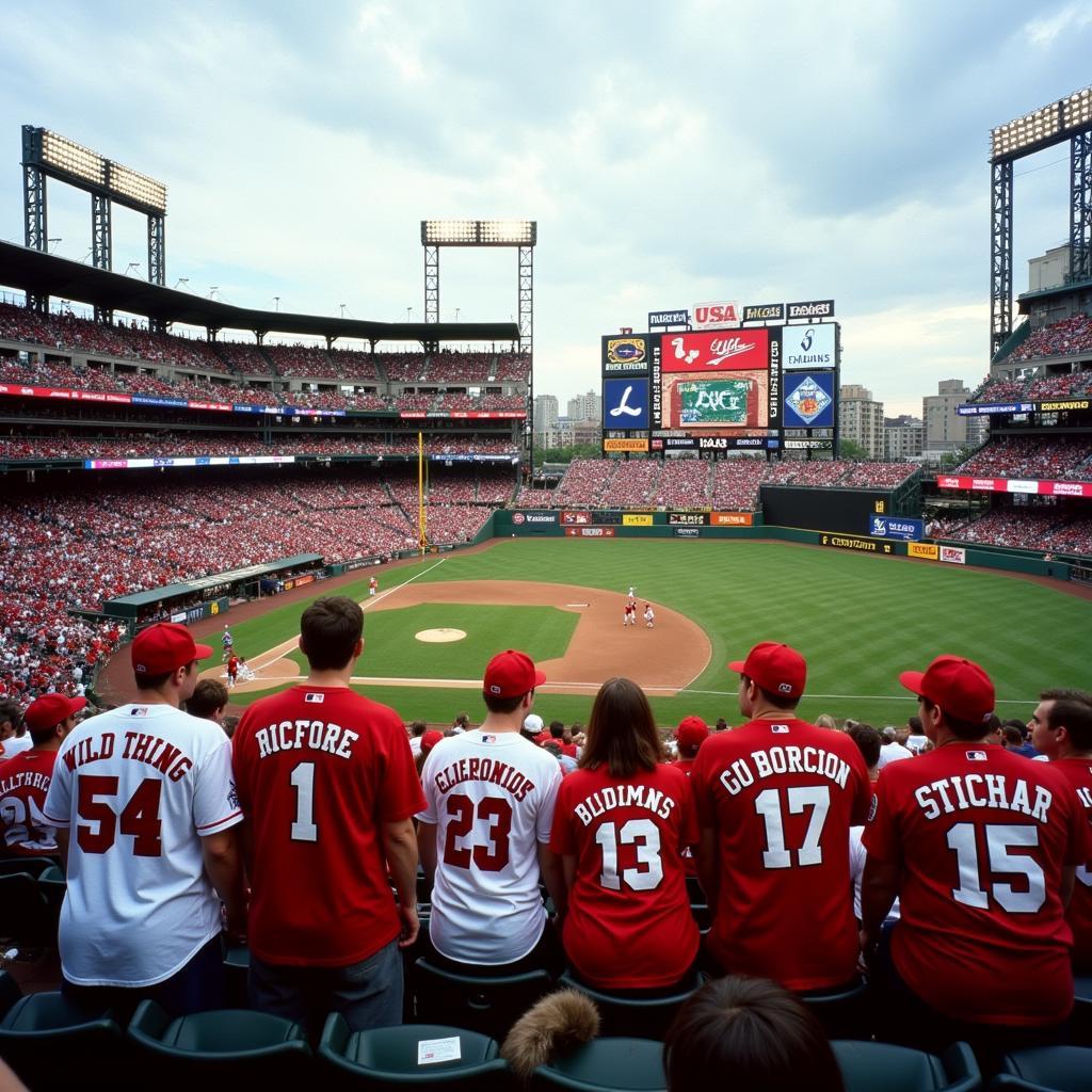 Fans wearing Wild Thing jerseys at a baseball game