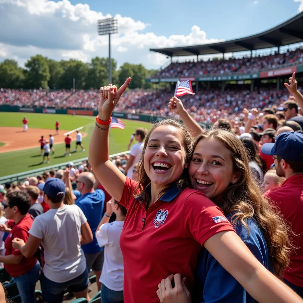 A diverse crowd of Williamsport softball fans erupt in celebration.