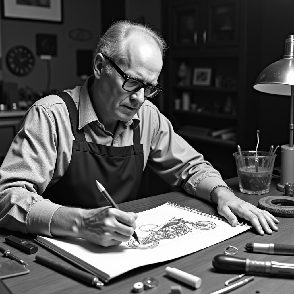 Willie G. Davidson sketching a motorcycle design.