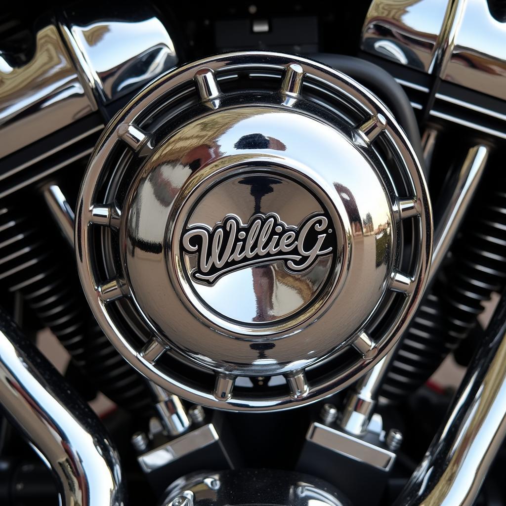 Close-up view of a chrome Willie G derby cover on a Harley-Davidson engine.