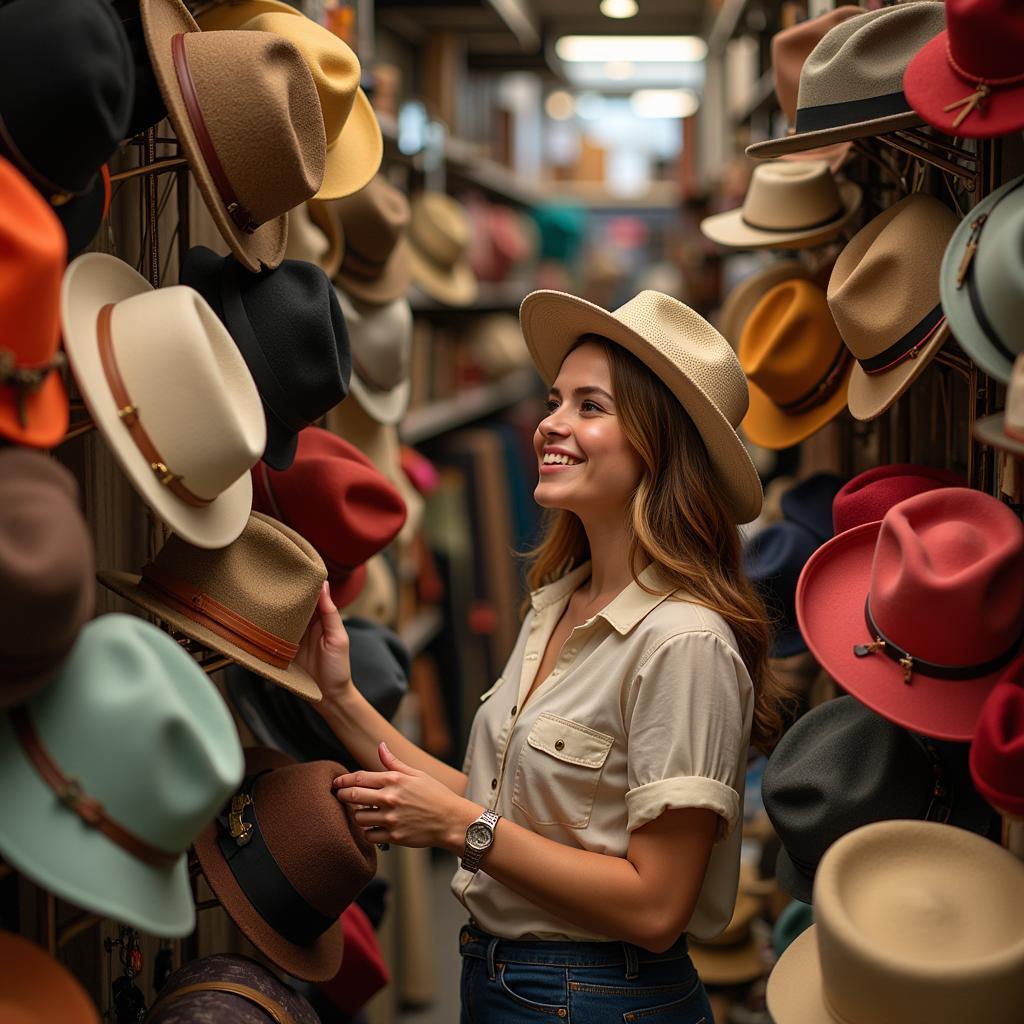 Woman exploring vintage hats