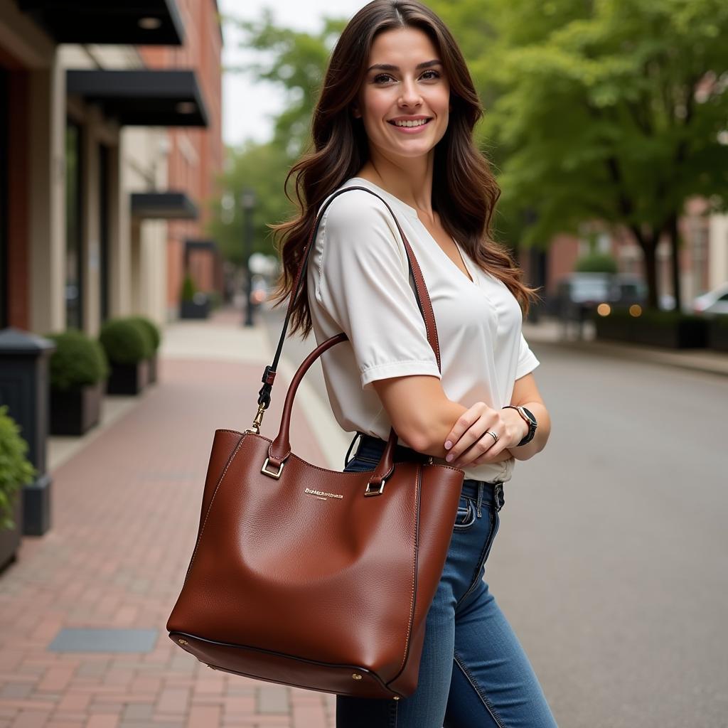 A woman stylishly carrying a Juan Antonio purse