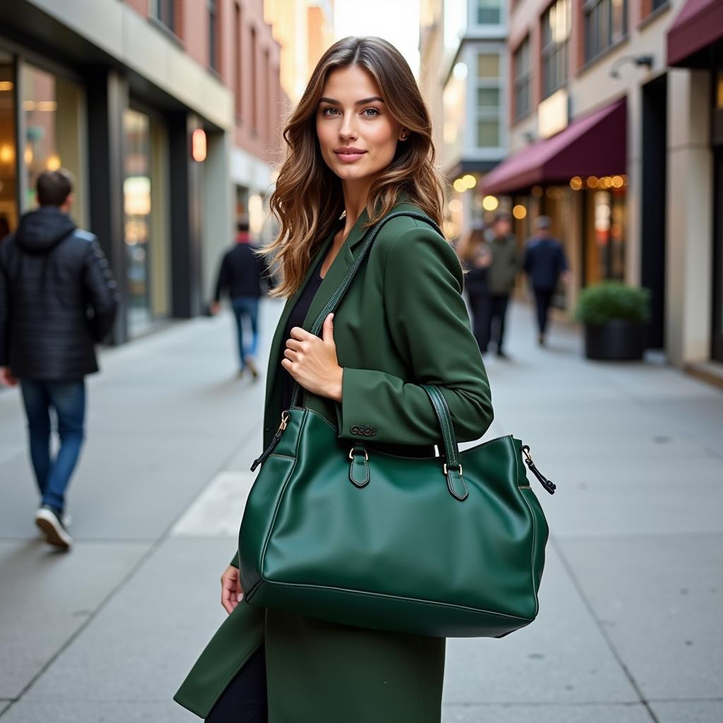 Woman Carrying a Green Baseball Bag on a City Street