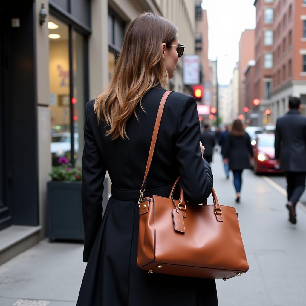 Stylish woman carrying a brown bridge handbag