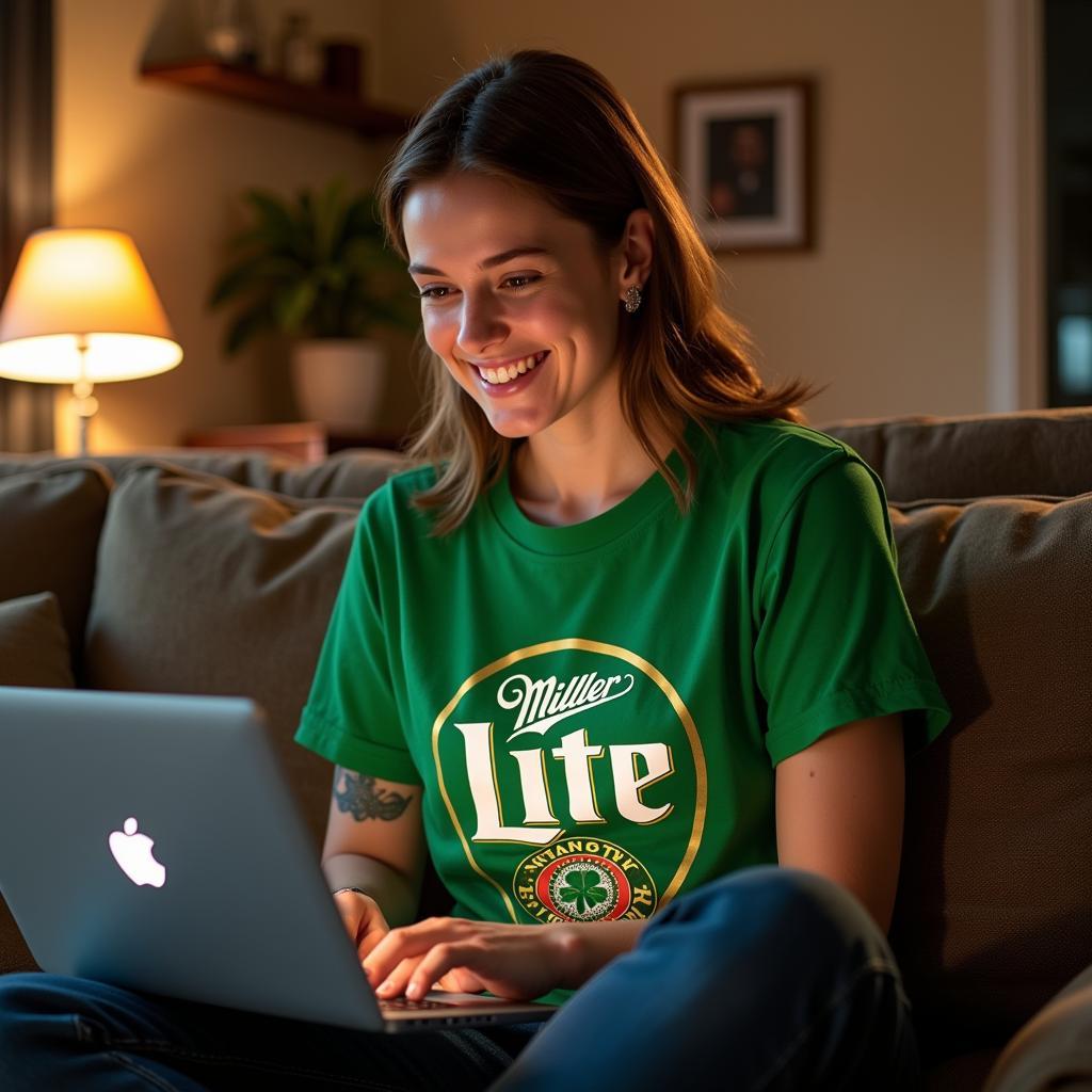 Woman browsing Miller Lite St. Patty's Day shirt designs on a laptop