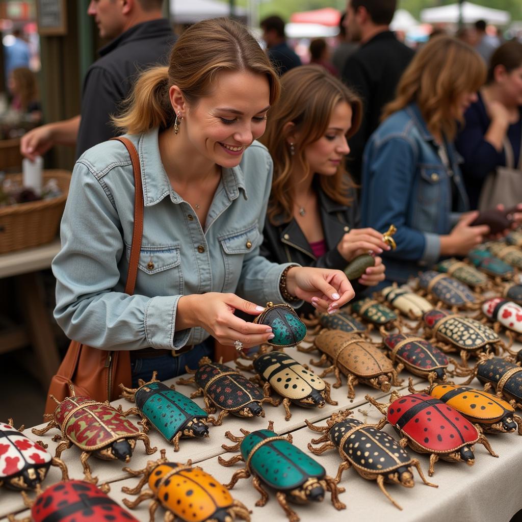 A woman browsing a selection of bug purses