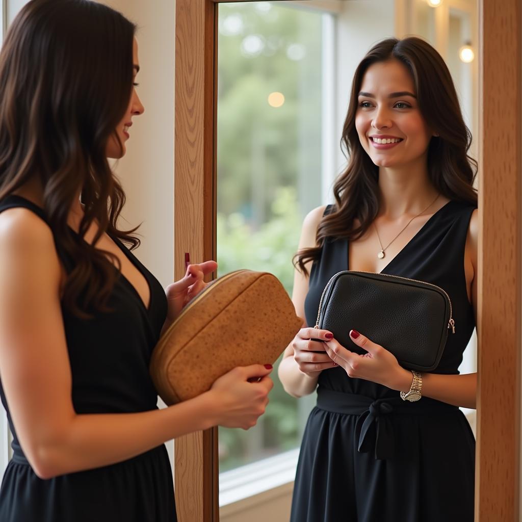 A woman deciding between two different cork clutch purses