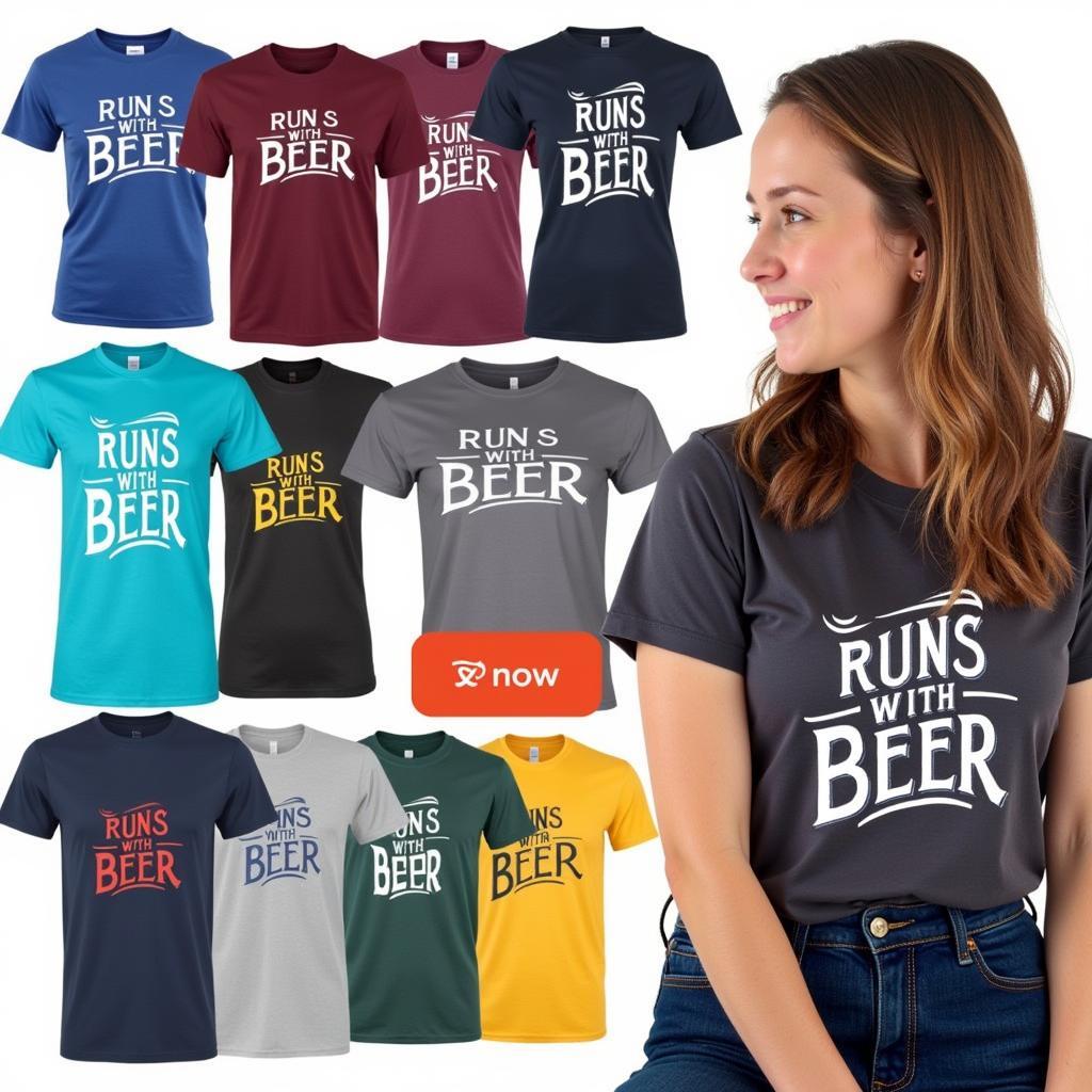 A woman smiles as she browses "Runs with Beer" t-shirts in various colors and designs.