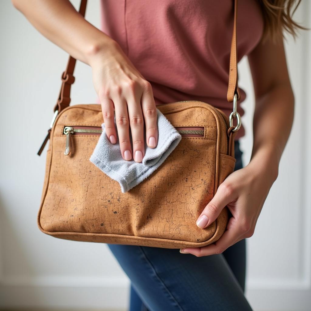 A woman gently cleans her cork crossbody purse with a soft cloth