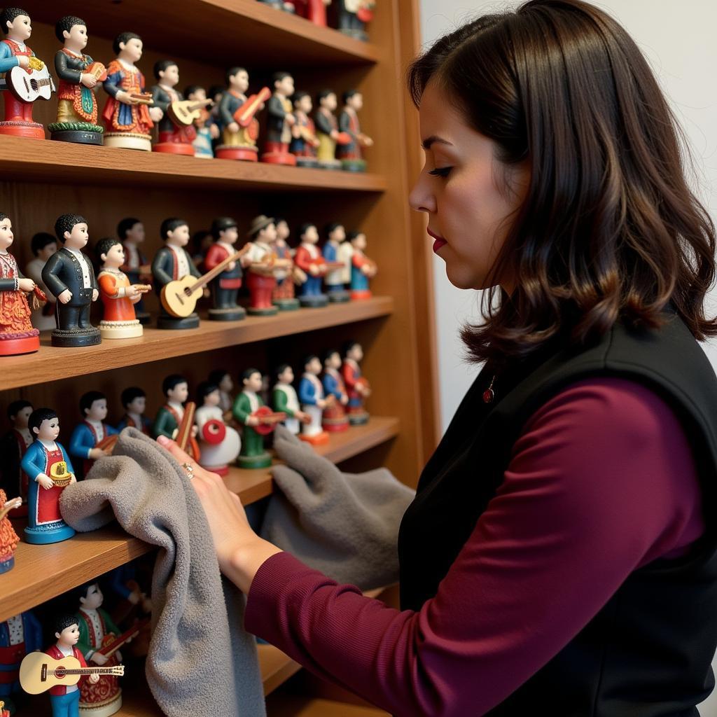 A woman gently dusting her collection of mariachi figurines, ensuring they remain in pristine condition.