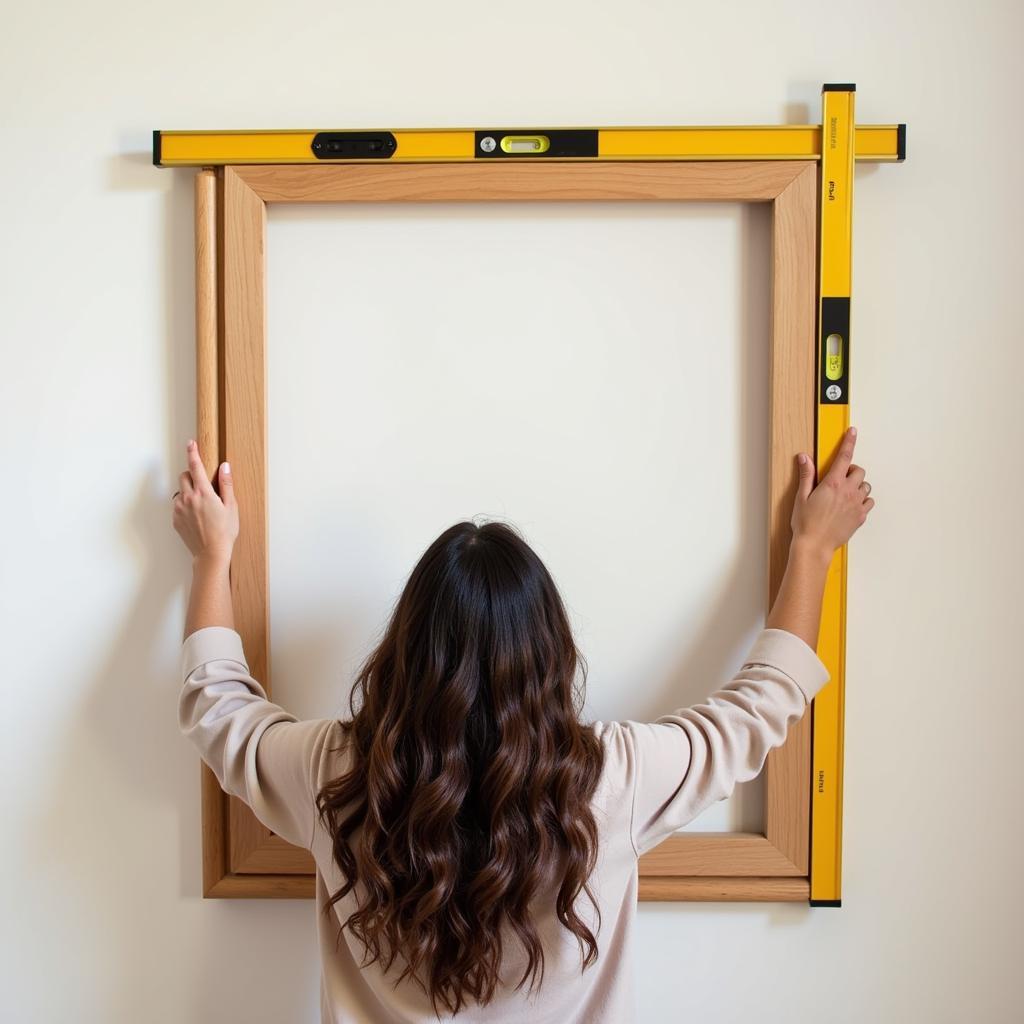 A woman is carefully hanging a large 27x40 picture frame on a wall, ensuring it is level by using a leveler tool.